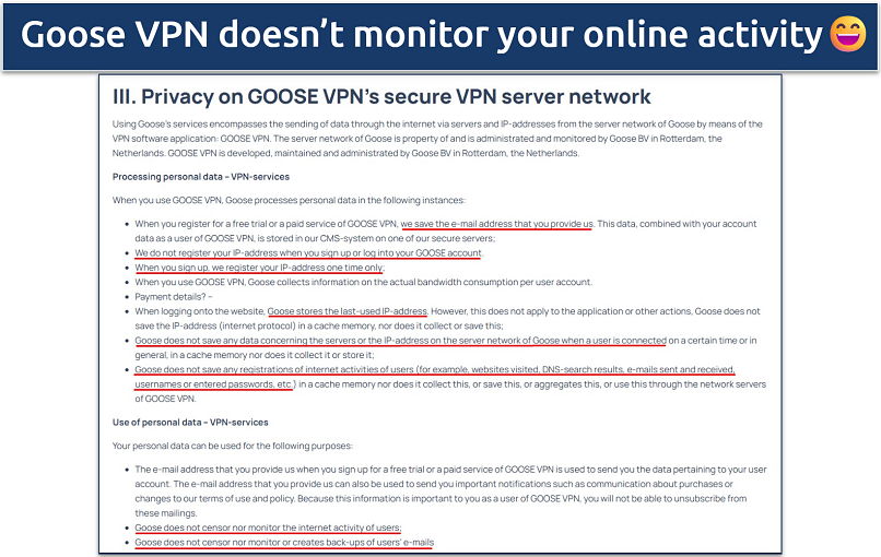 Screenshot showing a section of Goose VPN's privacy policy