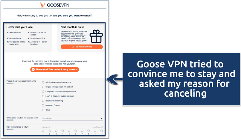 Screenshot showing the Goose VPN subscription cancellation page
