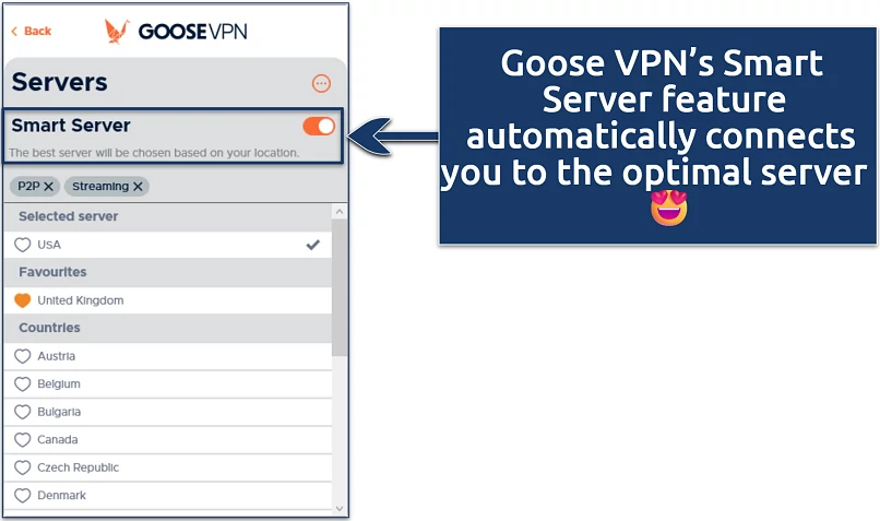 Screenshot showing the Goose VPN server list with the Smart Server option enabled