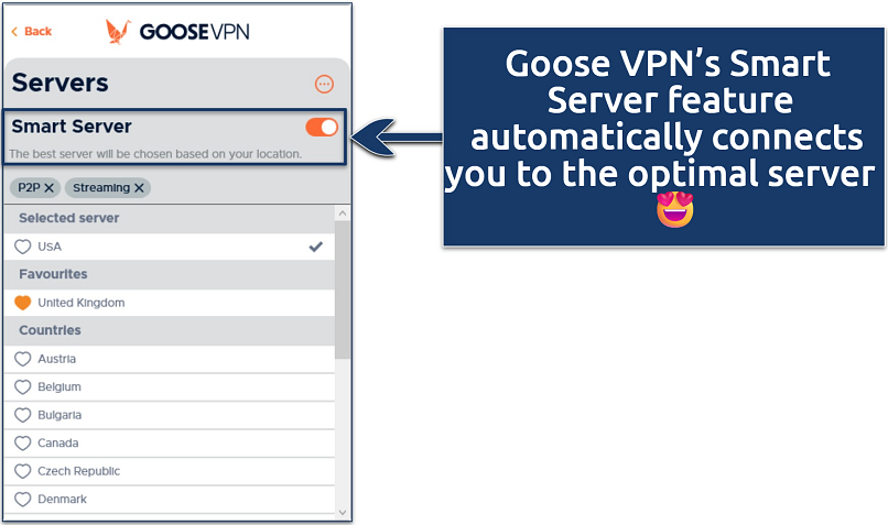 Screenshot showing the Goose VPN server list with the Smart Server option enabled