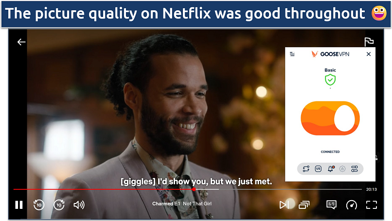 Screenshot showing Charmed playing on Netflix US with Goose VPN connected to a US server