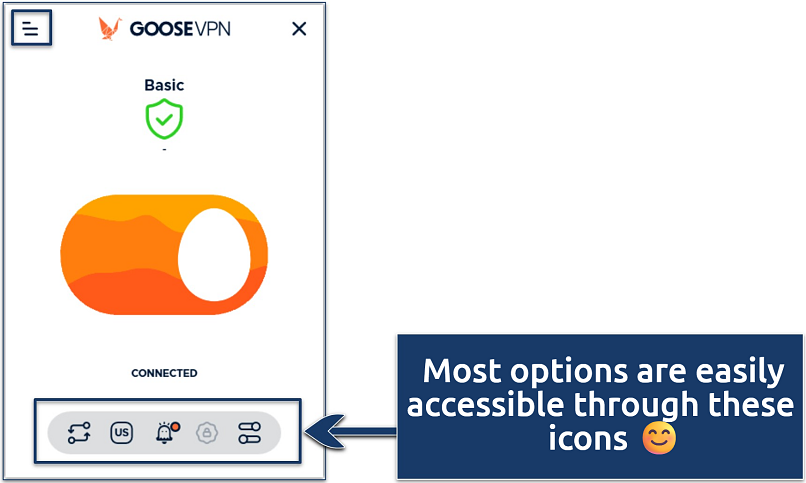 Screenshot showing the Goose VPN home screen on Windows