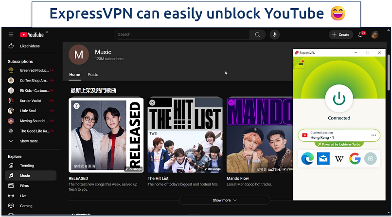 Screenshot showing a YouTube page with ExpressVPN connected to the Hong Kong server