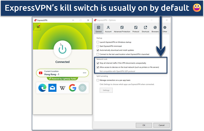 Screenshot showing how to enable Network Lock on ExpressVPN's Windows app