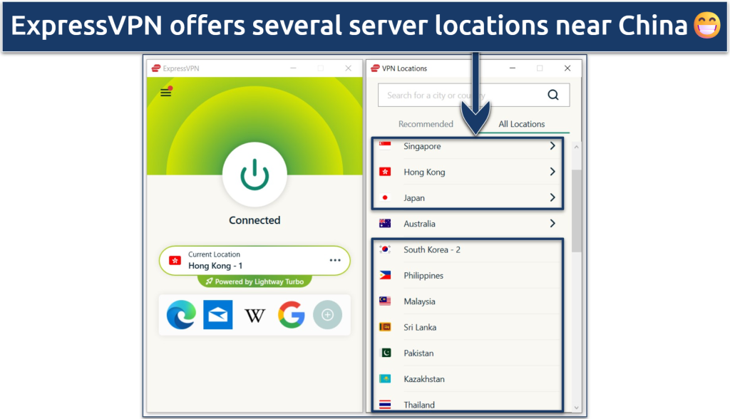 Screenshot showing ExpressVPN servers strategically placed close to China
