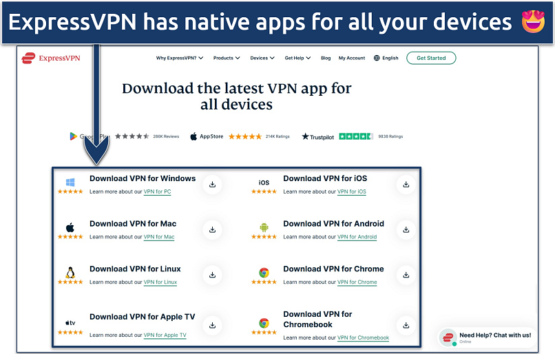 Screenshot showing popular platforms that ExpressVPN supports