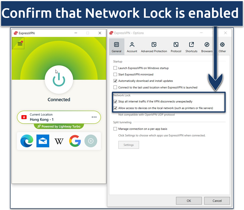 Screenshot showing the Network Lock option on ExpressVPN's Windows app
