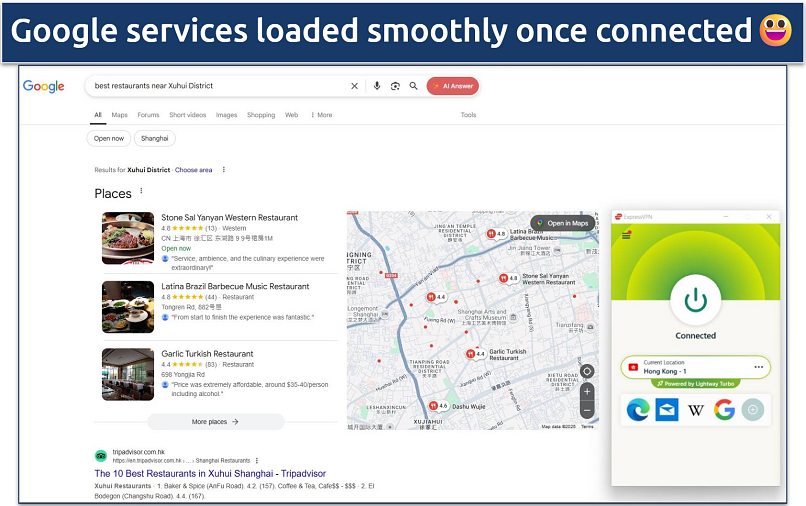 Screenshot showing Google Search results with ExpressVPN conneted to the Hong Kong server
