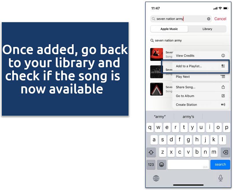 A screenshot showing how to add back a song into your Apple Music library