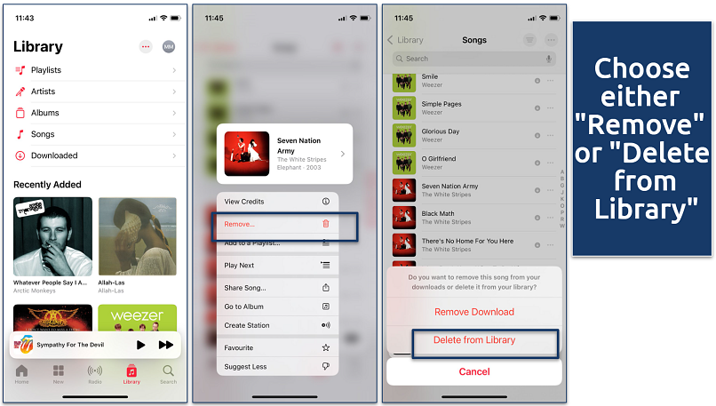 Screenshots showing how to delete and re-add a song into the Apple Music library