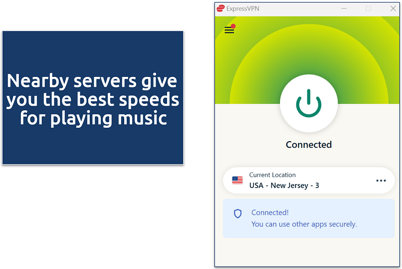 A screenshot showing ExpressVPN connected to a server in New Jersey