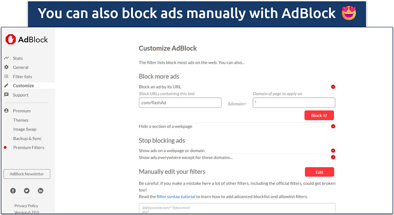Image showing the customizable settings of AdBlock