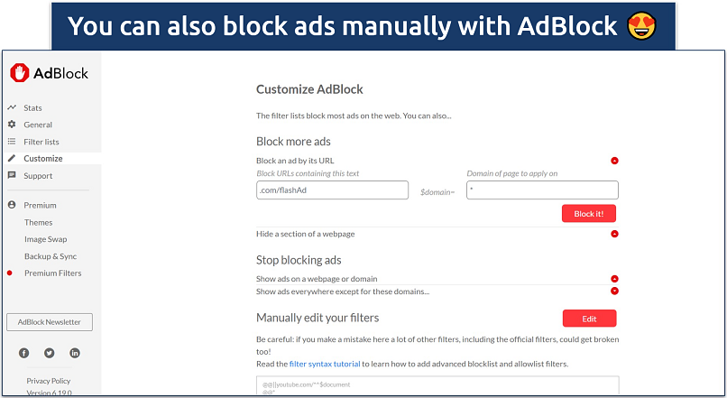 Image showing the customizable settings of AdBlock