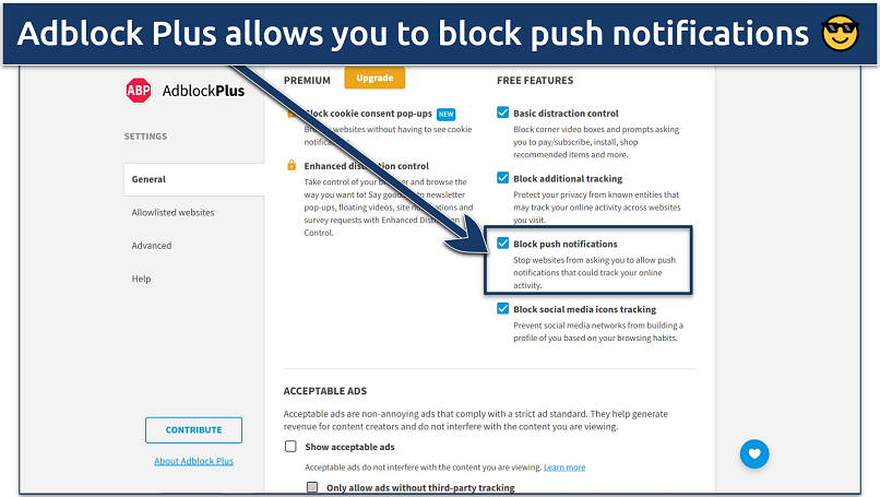 Image showing the Adblock Plus settings with one-click settings highlighted