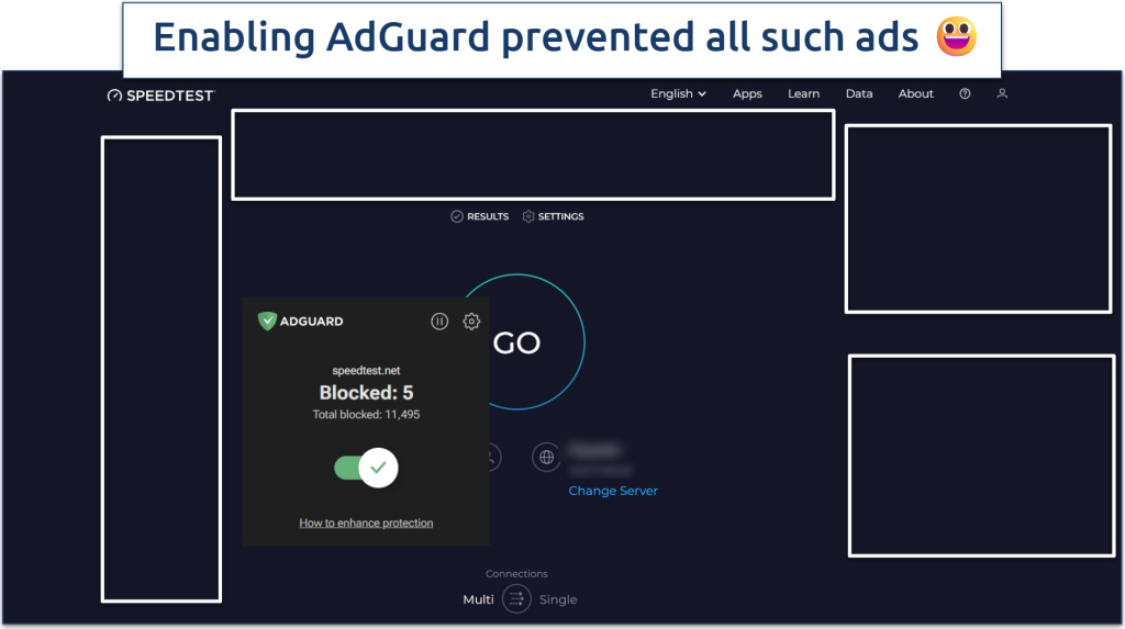 Image showing the speedtest by ookla website with AdGuard enabled