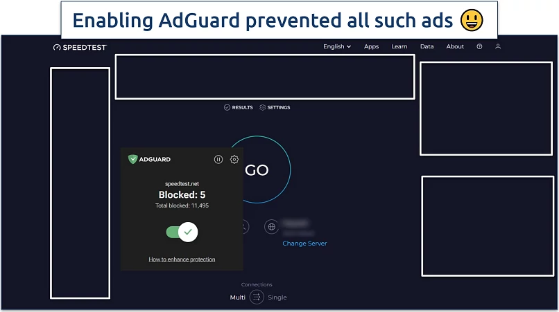 Image showing the speedtest by ookla website with AdGuard enabled