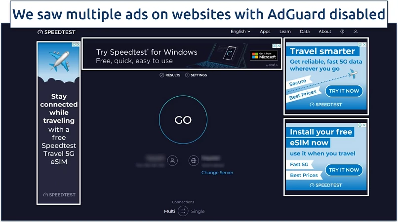 Image showing the speedtest by ookla website without adblocker