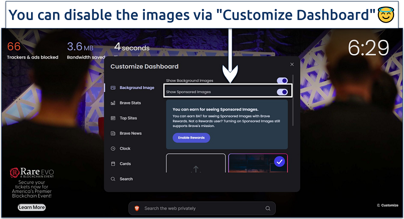 Image of Brave's homescreen with dashboard settings opened