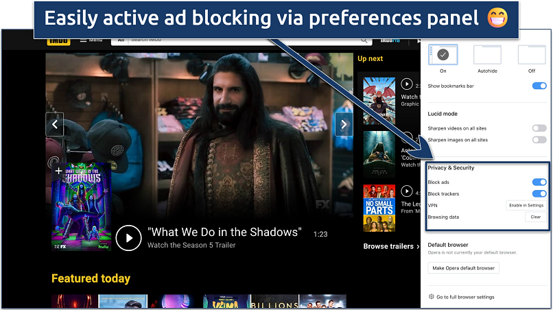 Image showing the preferences panel of Opera browser with IMDB website opened