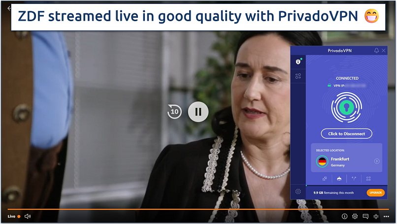 Streaming ZDF TV live with PrivadoVPN connected to Germany