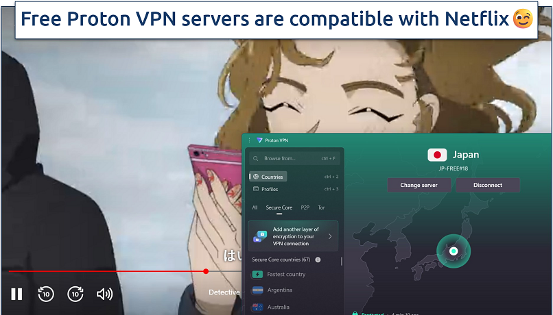 Streaming Netflix with Proton VPN connected to a free server
