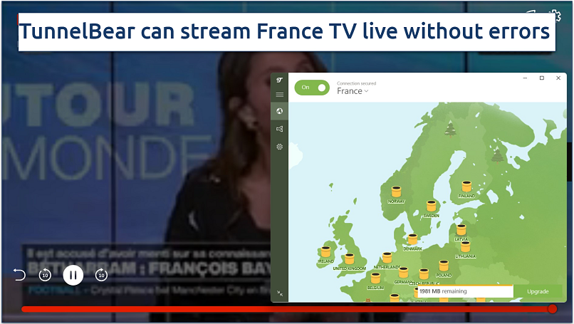 Watching France TV live with TunnelBear connected to a free server