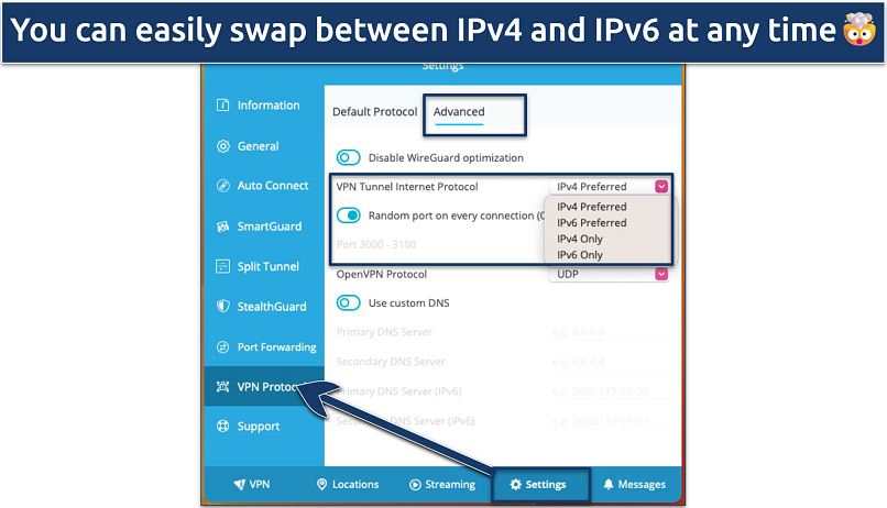 Screenshot of the Advanced VPN Protocol settings in the hide.me app