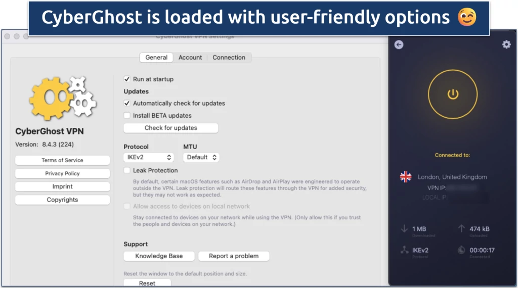 Screenshot of CyberGhost's Mac app