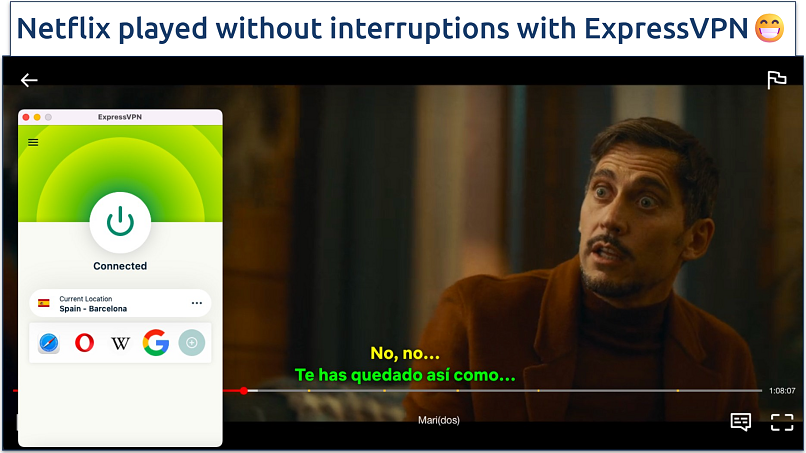 Screenshot of a show playing on Netflix with ExpressVPN connected to Spain