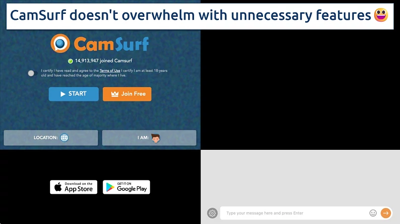 Screenshot of the CamSurf homepage