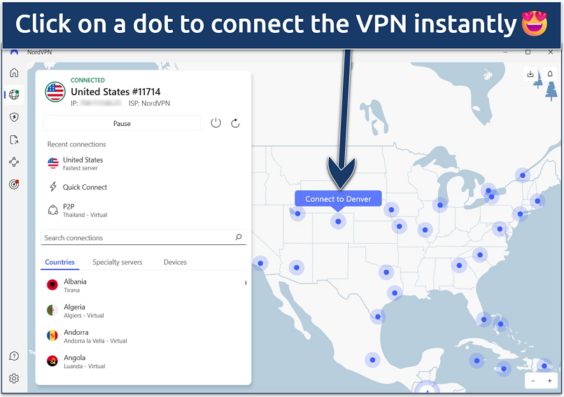 Screenshot of the NordVPN Windows app with an active US server connection and the interactive server map