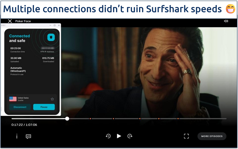 Screenshot of streaming Poker Face on Peacock with an active connection to a Surfshark US server
