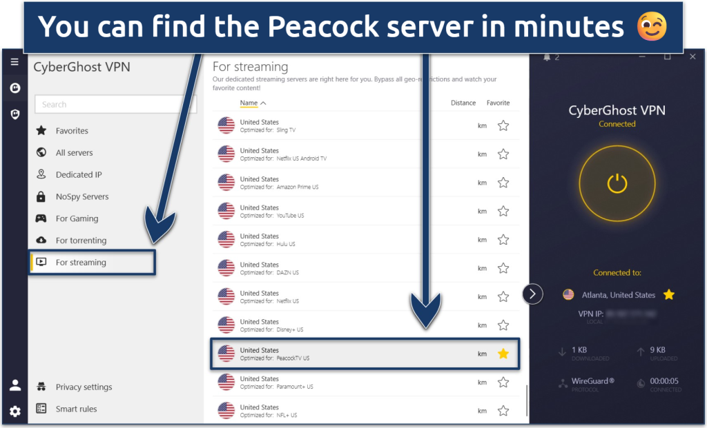 Screenshot of the CyberGhost Windows app with its streaming-optimized server list
