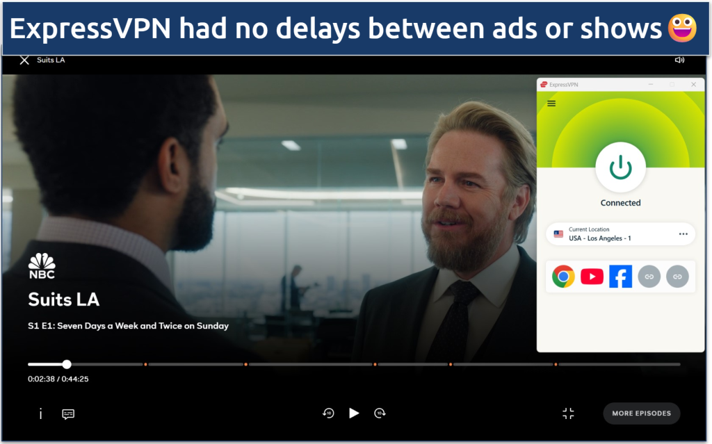 Screenshot of streaming Suits LA on Peacock TV while connected to the ExpressVPN USA - Los Angeles - 1 server