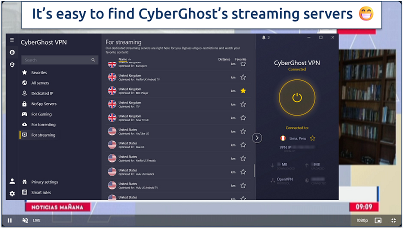 Screenshot of CyberGhost's Windows interface with its list of streaming servers