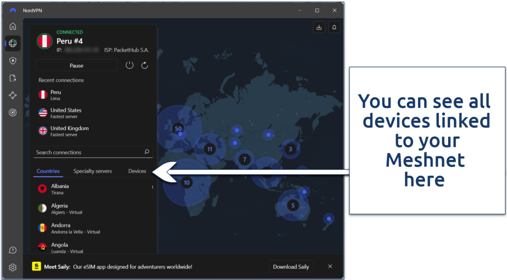 Screenshot of NordVPN's Windows interface connected to Peru