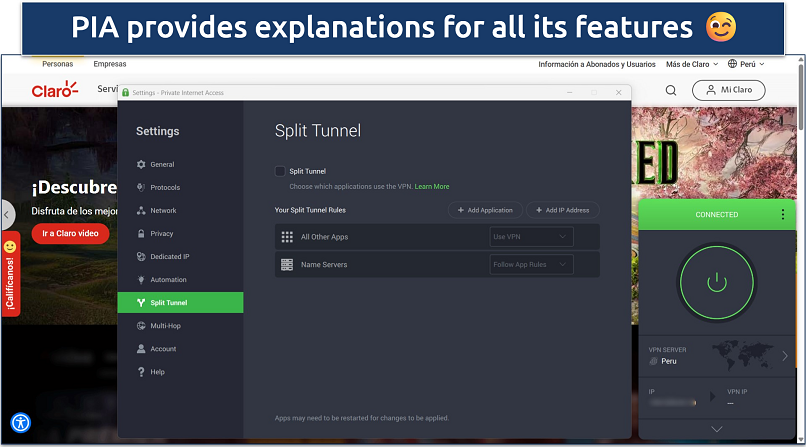Screenshot of PIA's Windows interface with split tunneling options