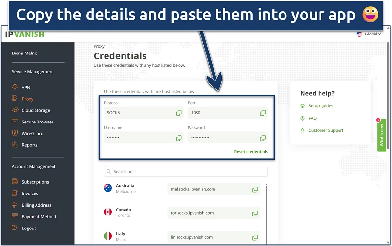 Screenshot from IPVanish website account dashboard home page with is proxy credentials and host locations
