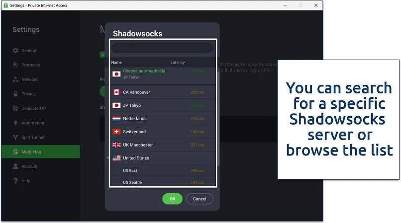 Screenshot of the PIA Windows app with its Multi-Hop and Shadowsocks server list