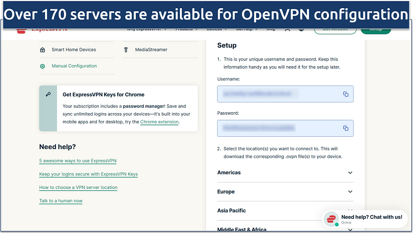 Screenshot of ExpressVPN OpenVPN manual configuration instructions
