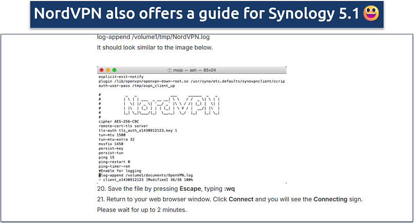 Screenshot of NordVPN's Synology setup guide