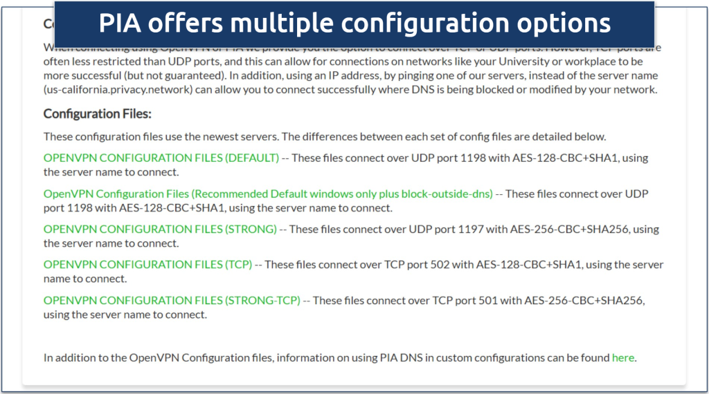 Screenshot of PIA's OpenVPN configuration options