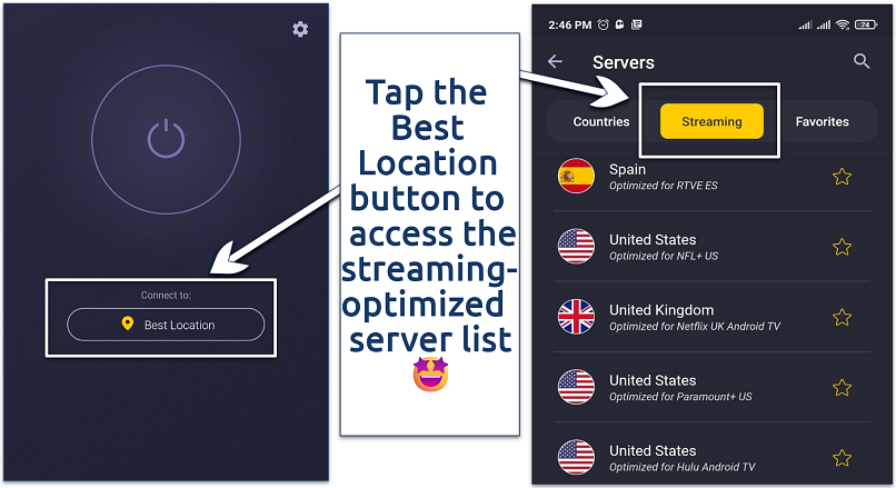Screenshots of the CyberGhost app showing streaming-optimized servers