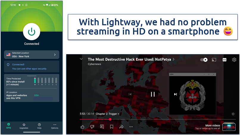 Screenshot of ExpressVPN streaming a YouTube video on a smartphone