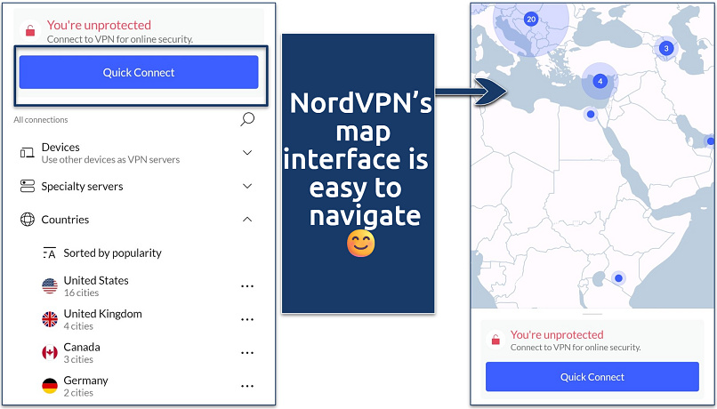 Screenshots of the NordVPN app showing the phone interface