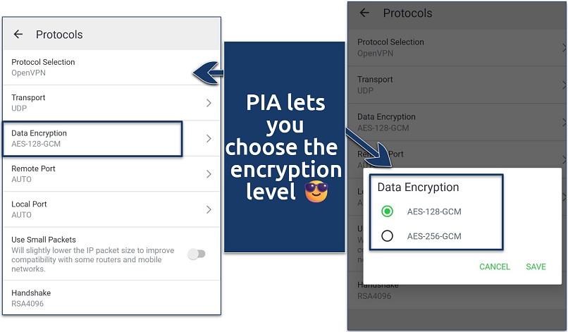 Screenshots of the PIA app showing security settings