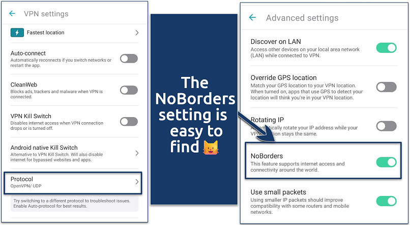 Screenshots of the Surfshark phone app showing how to turn on the NoBorders feature