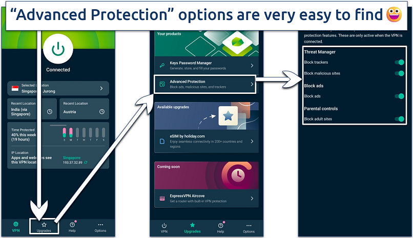 Images showing how to access Advanced Protection features on Samsung Galaxy phones