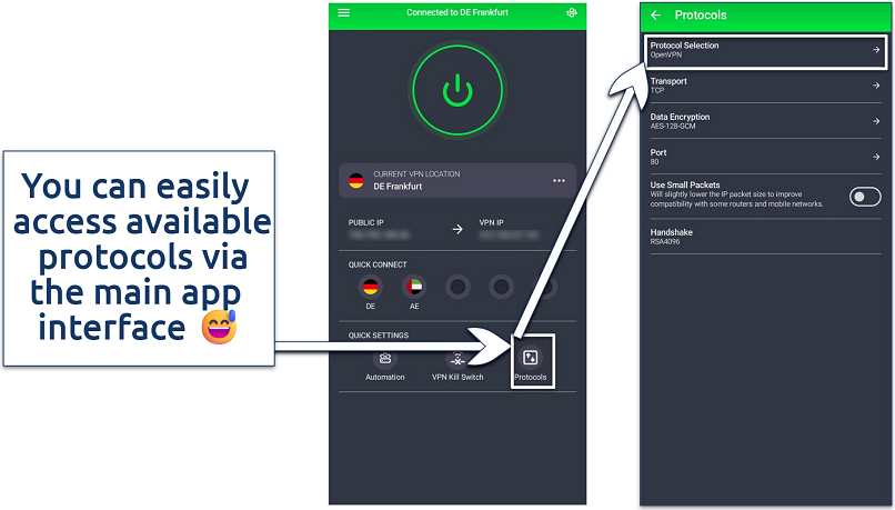 Image showing how to access the PIA protocols menu on the Samsung Galaxy S23 Ultra