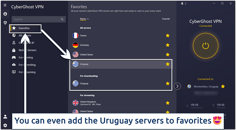 Screenshot of the CyberGhost app interface showing the favorite servers list